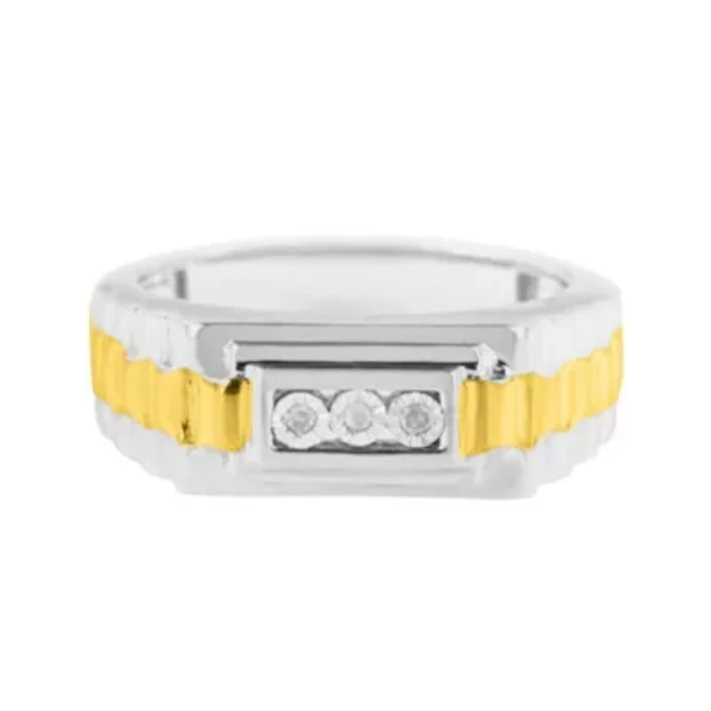Men's 10K Yellow Gold Plated Silver Diamond Accent 3 Stone Ridged Band Ring