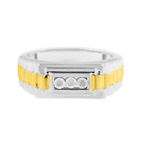 Men's 10K Yellow Gold Plated Silver Diamond Accent 3 Stone Ridged Band Ring
