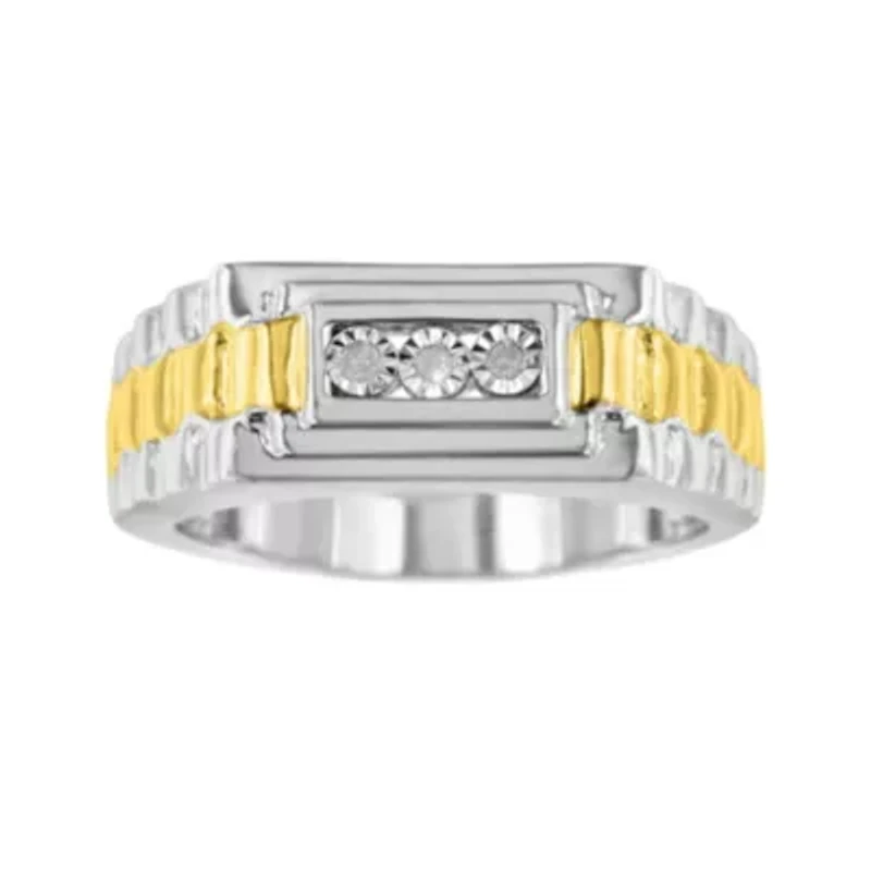 Men's 10K Yellow Gold Plated Silver Diamond Accent 3 Stone Ridged Band Ring