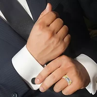 Men's 10K Yellow Gold Plated Silver Diamond Accent 3 Stone Ridged Band Ring