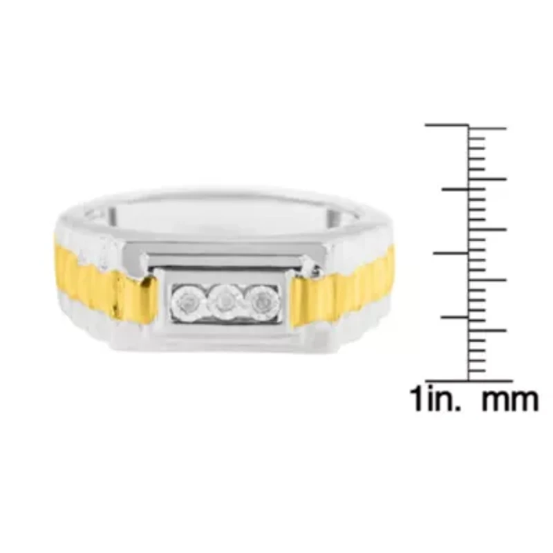 Men's 10K Yellow Gold Plated Silver Diamond Accent 3 Stone Ridged Band Ring