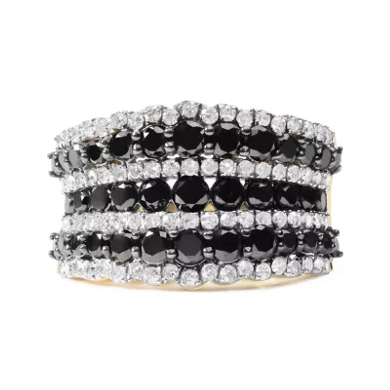 14K Yellow Gold Plated Sterling Silver 1 3/4 Cttw Treated Black and White Alternating Diamond Multi Row Band Ring