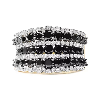 14K Yellow Gold Plated Sterling Silver 1 3/4 Cttw Treated Black and White Alternating Diamond Multi Row Band Ring