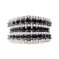 14K Yellow Gold Plated Sterling Silver 1 3/4 Cttw Treated Black and White Alternating Diamond Multi Row Band Ring