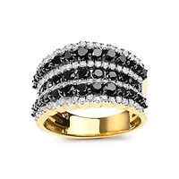14K Yellow Gold Plated Sterling Silver 1 3/4 Cttw Treated Black and White Alternating Diamond Multi Row Band Ring