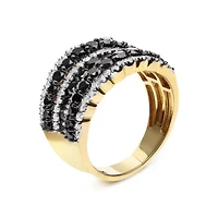 14K Yellow Gold Plated Sterling Silver 1 3/4 Cttw Treated Black and White Alternating Diamond Multi Row Band Ring