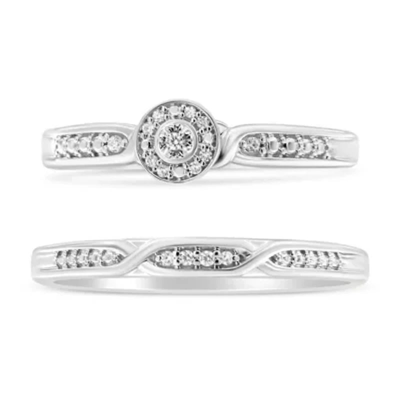 Sterling Silver Diamond Accent Frame Twist Shank Bridal Set Ring and Band
