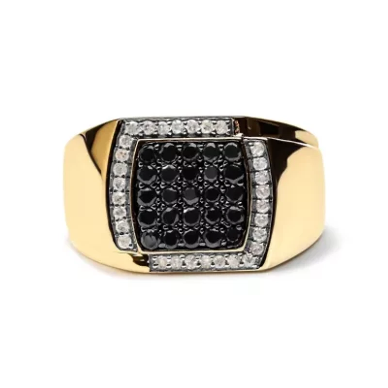 Men's 10K Yellow Gold 1.00 Cttw Cluster Black and White Diamond Statement Ring
