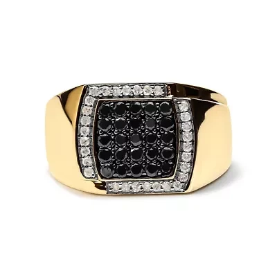 Men's 10K Yellow Gold 1.00 Cttw Cluster Black and White Diamond Statement Ring