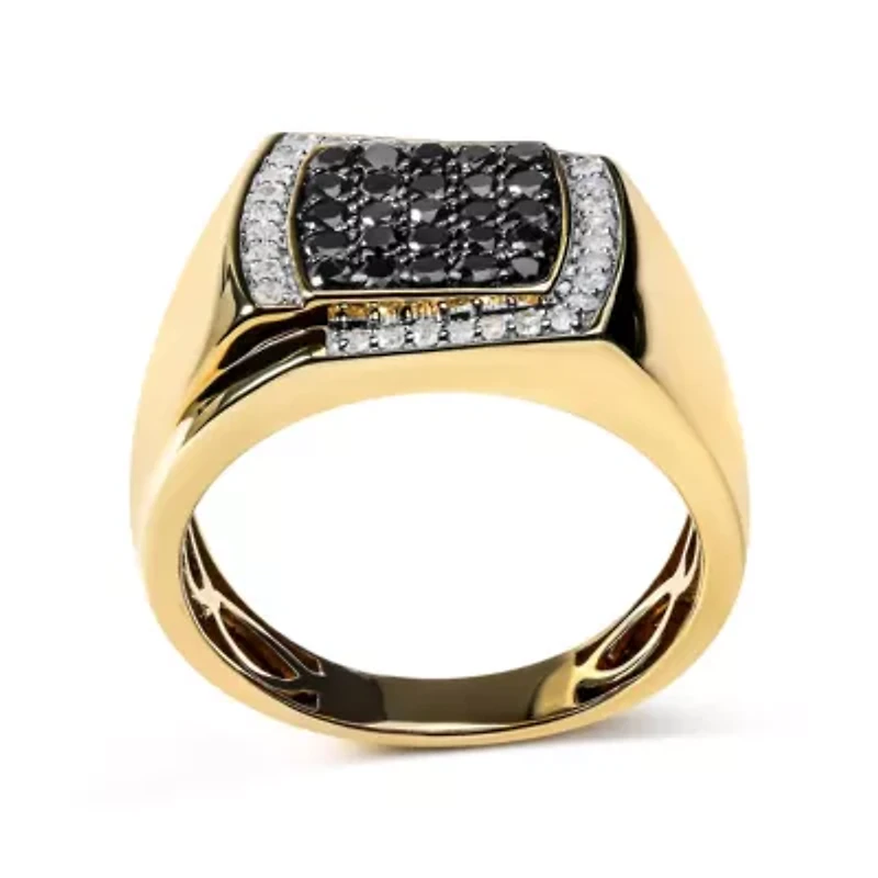 Men's 10K Yellow Gold 1.00 Cttw Cluster Black and White Diamond Statement Ring