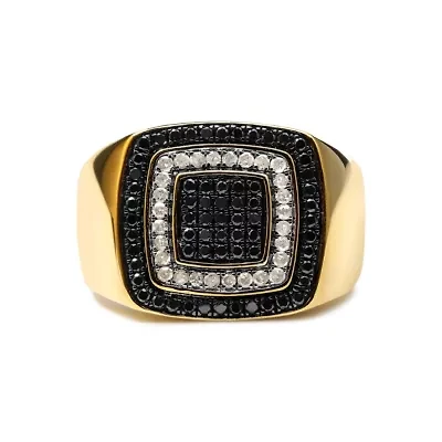 Men's 14K Yellow Gold Plated Silver 3/4 Cttw White and Black Diamond Ring Band
