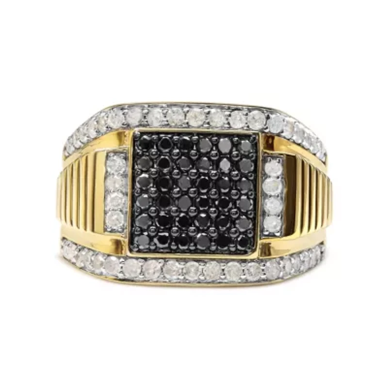 Men's Yellow Gold Plated Silver 1 1/2 Cttw White and Black Diamond Cluster Ring