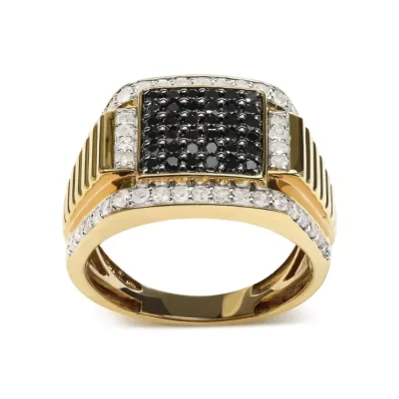 Men's Yellow Gold Plated Silver 1 1/2 Cttw White and Black Diamond Cluster Ring