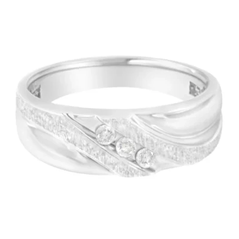 10K White Gold 1/10 Cttw Diamond Men's Three Stone Wedding Ring