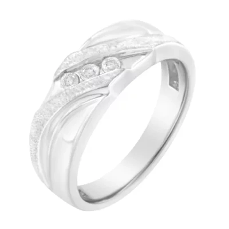 10K White Gold 1/10 Cttw Diamond Men's Three Stone Wedding Ring