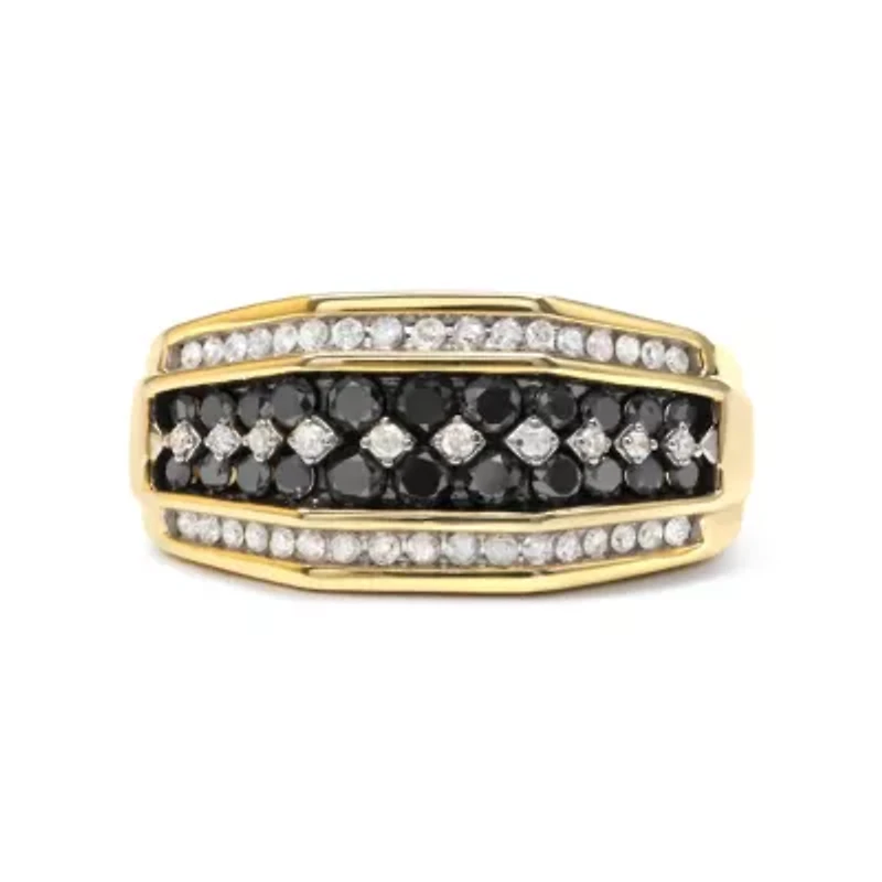 Men's Yellow Gold Plated Silver 1 1/2 Ctw White and Black Diamond Cluster Ring