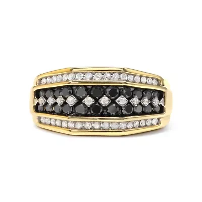 Men's Yellow Gold Plated Silver 1 1/2 Ctw White and Black Diamond Cluster Ring