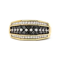 Men's Yellow Gold Plated Silver 1 1/2 Ctw White and Black Diamond Cluster Ring