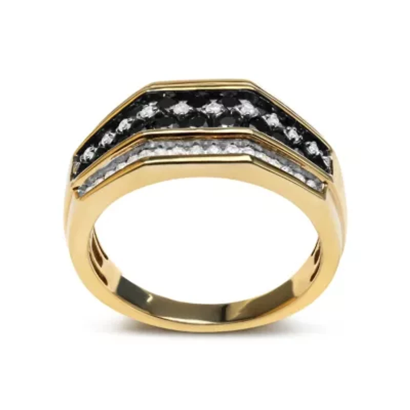 Men's Yellow Gold Plated Silver 1 1/2 Ctw White and Black Diamond Cluster Ring