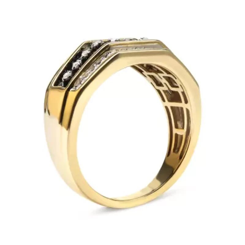 Men's Yellow Gold Plated Silver 1 1/2 Ctw White and Black Diamond Cluster Ring