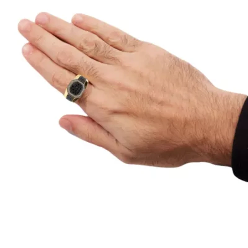 Men's Yellow Gold Plated Silver 1 1/4 Cttw Black Diamond Signet Style Band Ring
