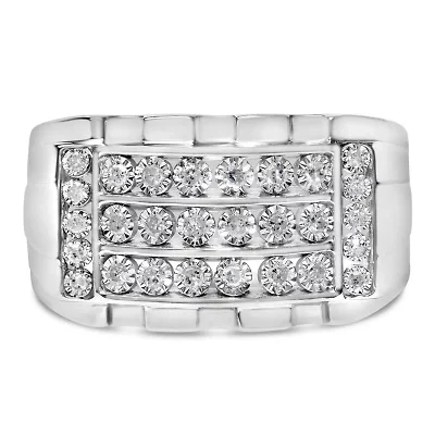 .925 Sterling Silver 1/4 Cttw Diamond Three Row Channel Band Ring