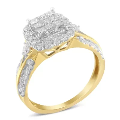 10K Yellow Gold 1.0 Cttw Diamond 3-Band-Look Engagement Ring