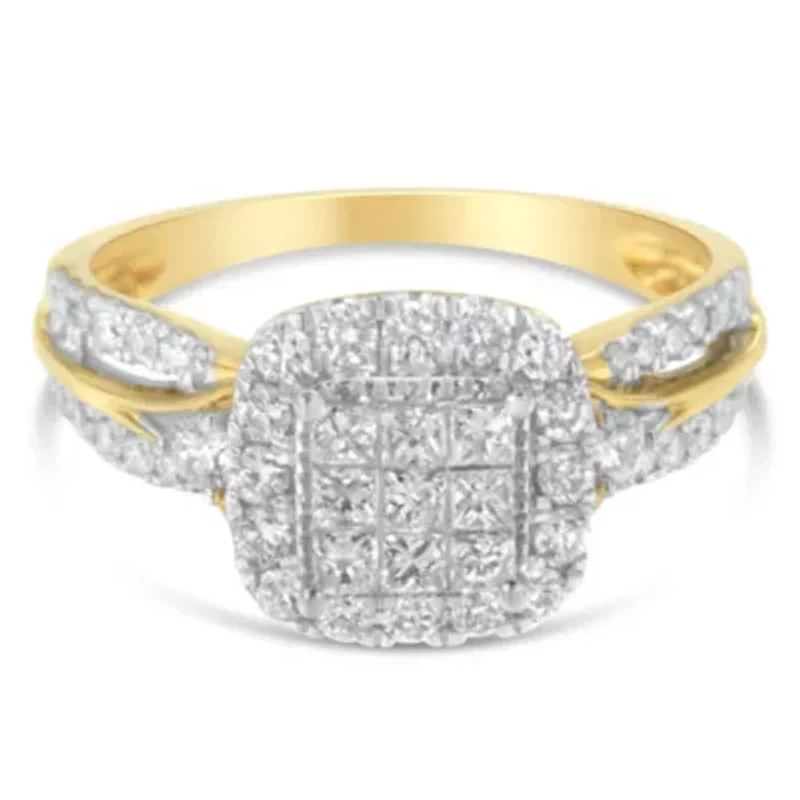 10K Yellow Gold 1.0 Cttw Diamond 3-Band-Look Engagement Ring