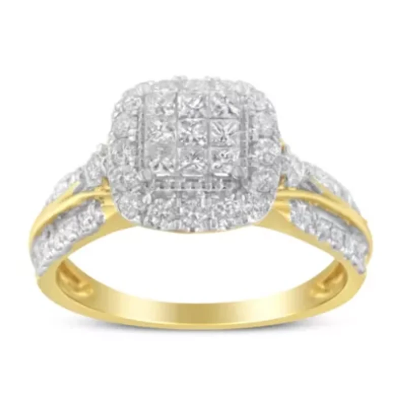 10K Yellow Gold 1.0 Cttw Diamond 3-Band-Look Engagement Ring