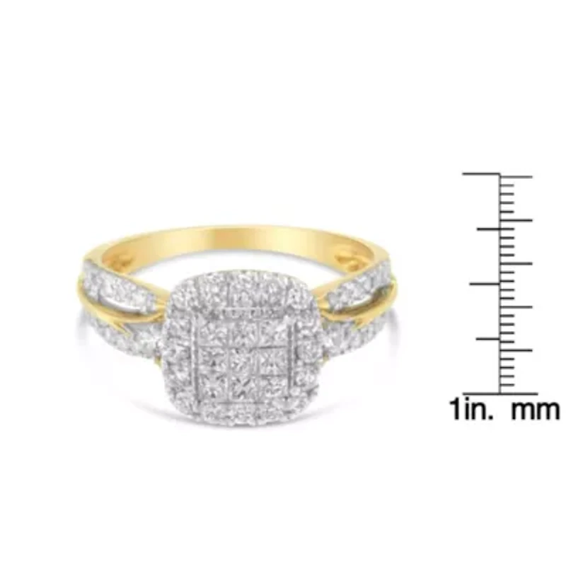10K Yellow Gold 1.0 Cttw Diamond 3-Band-Look Engagement Ring