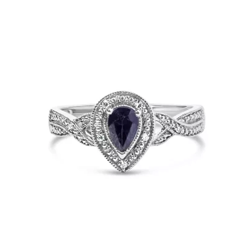 Silver Sapphire Gemstone with Diamond Accent Fashion Halo Ring