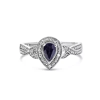 Silver Sapphire Gemstone with Diamond Accent Fashion Halo Ring