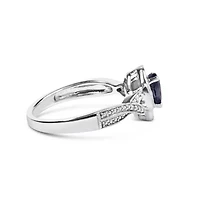Silver Sapphire Gemstone with Diamond Accent Fashion Halo Ring