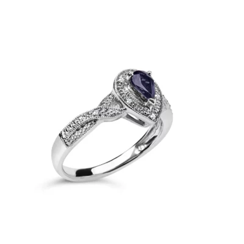 Silver Sapphire Gemstone with Diamond Accent Fashion Halo Ring