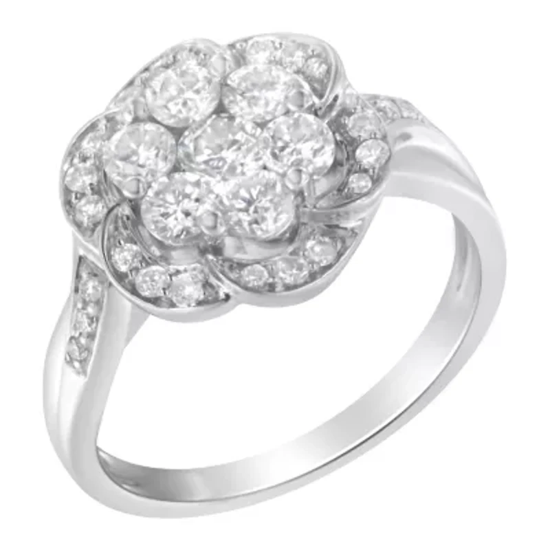 14K White Gold Floral Cluster Diamond Ring