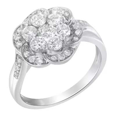 14K White Gold Floral Cluster Diamond Ring
