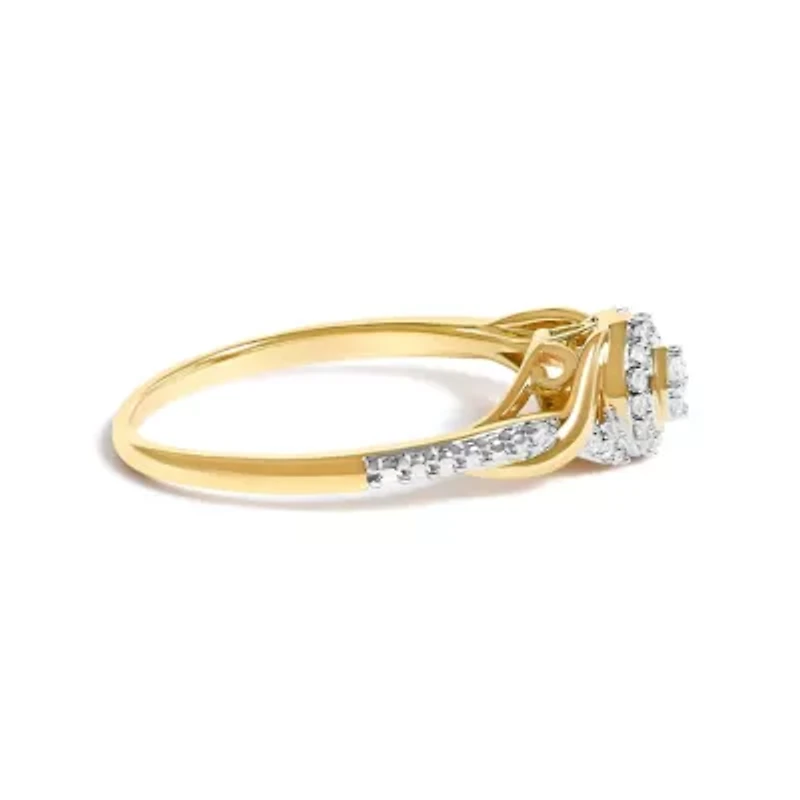 10K Yellow Gold 1/10 Cttw Diamond Swirl and Halo Promise Ring