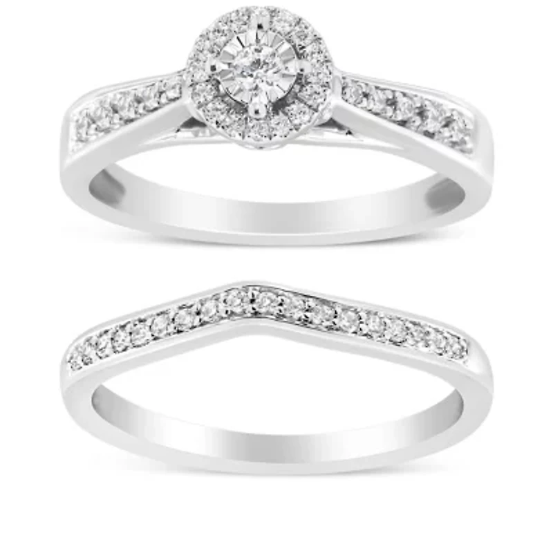 Silver 1/3 Cttw Diamond Engagement Ring Set