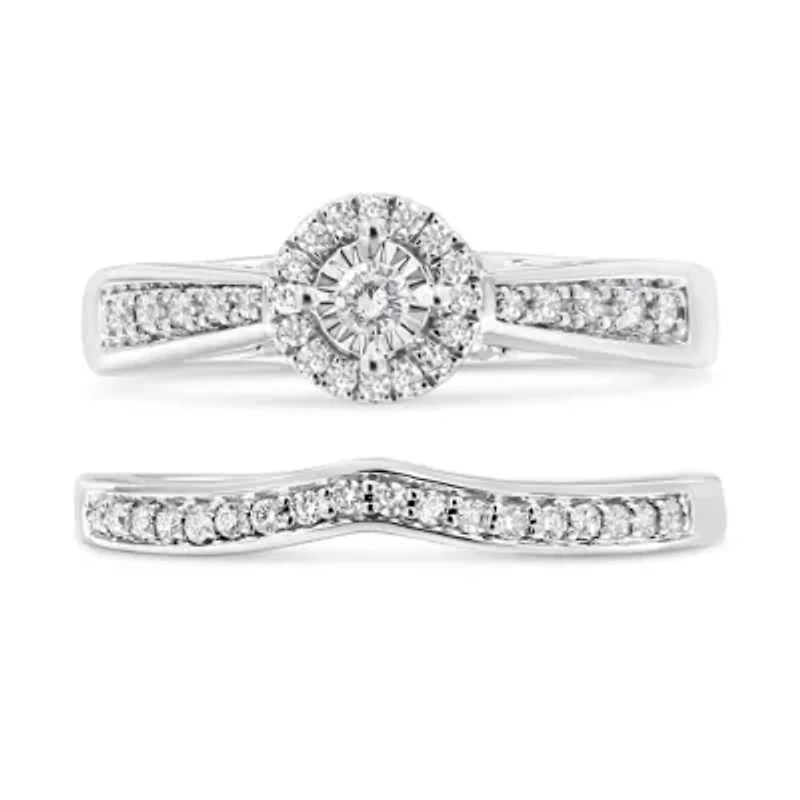 Silver 1/3 Cttw Diamond Engagement Ring Set