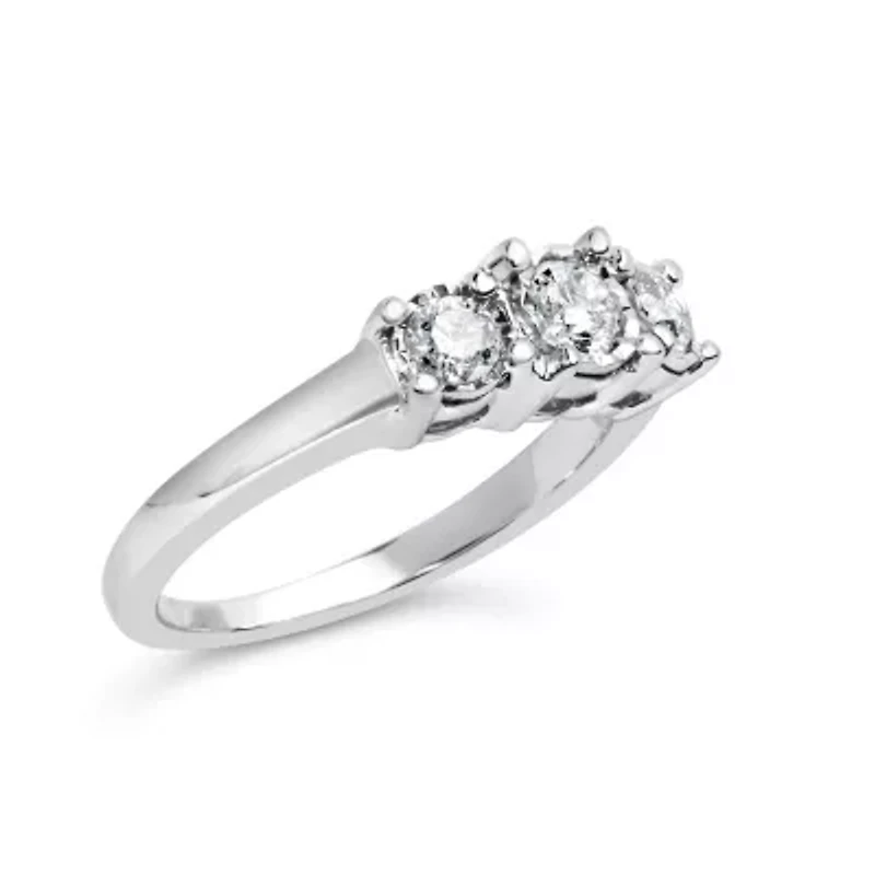 Lab Created 14K White Gold 1/2 Cttw Diamond Three Stone Illusion Plate Ring