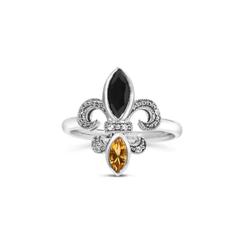 Silver Onyx, Citrine and Diamond Accent Fleur De Lis Ring