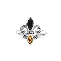 Silver Onyx, Citrine and Diamond Accent Fleur De Lis Ring