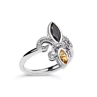 Silver Onyx, Citrine and Diamond Accent Fleur De Lis Ring