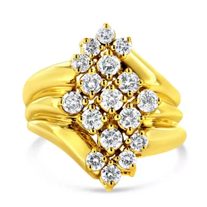10K Yellow Gold 1 1/2 Cttw Diamond Cluster Tapered Shank Cocktail Ring