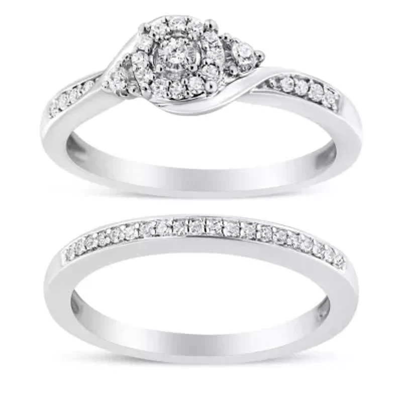 Silver 1/4 Cttw Diamond Engagement Ring and Wedding Band Set