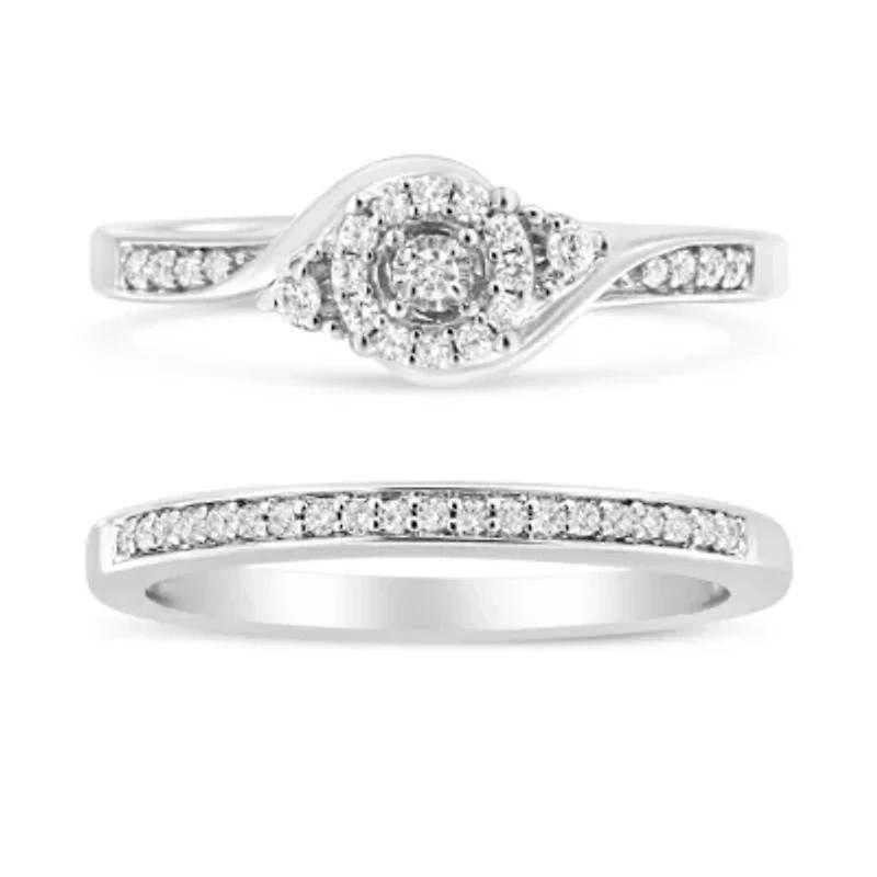 Silver 1/4 Cttw Diamond Engagement Ring and Wedding Band Set