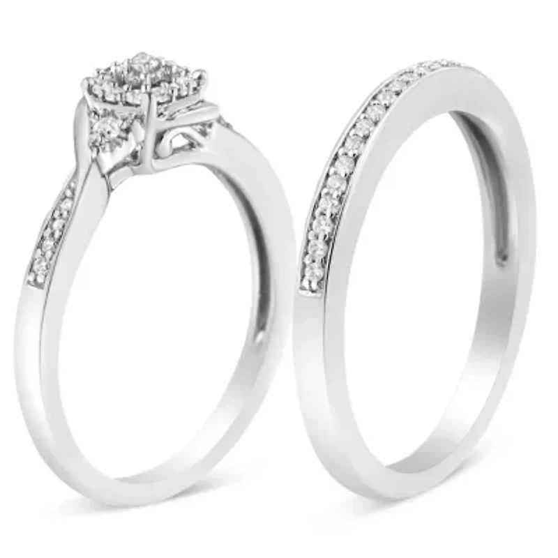 Silver 1/4 Cttw Diamond Engagement Ring and Wedding Band Set