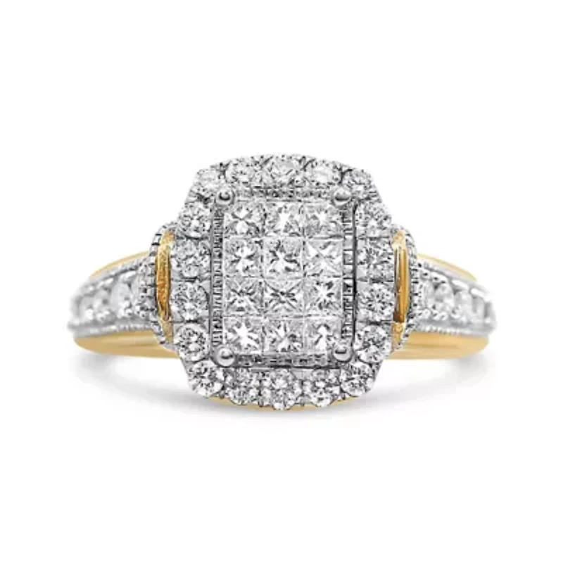 14K Yellow and White Gold 1.00 Cttw Diamond Cluster Ring