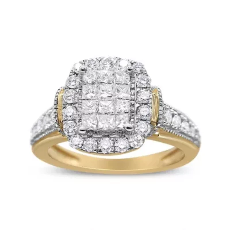 14K Yellow and White Gold 1.00 Cttw Diamond Cluster Ring