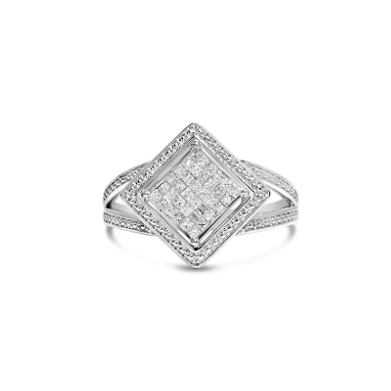 Silver 1/3 Cttw Diamond Rhombus and Beaded Halo Ring